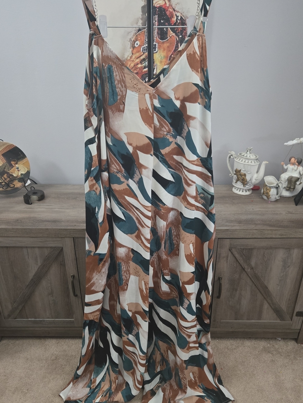 Suzanne Betro Abstract Print Slip Jumpsuit in Brown, Teal, White